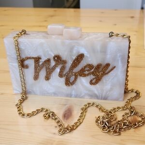 LULU NYC Wifey Acrylic Clutch Purse Gold Chain Strap